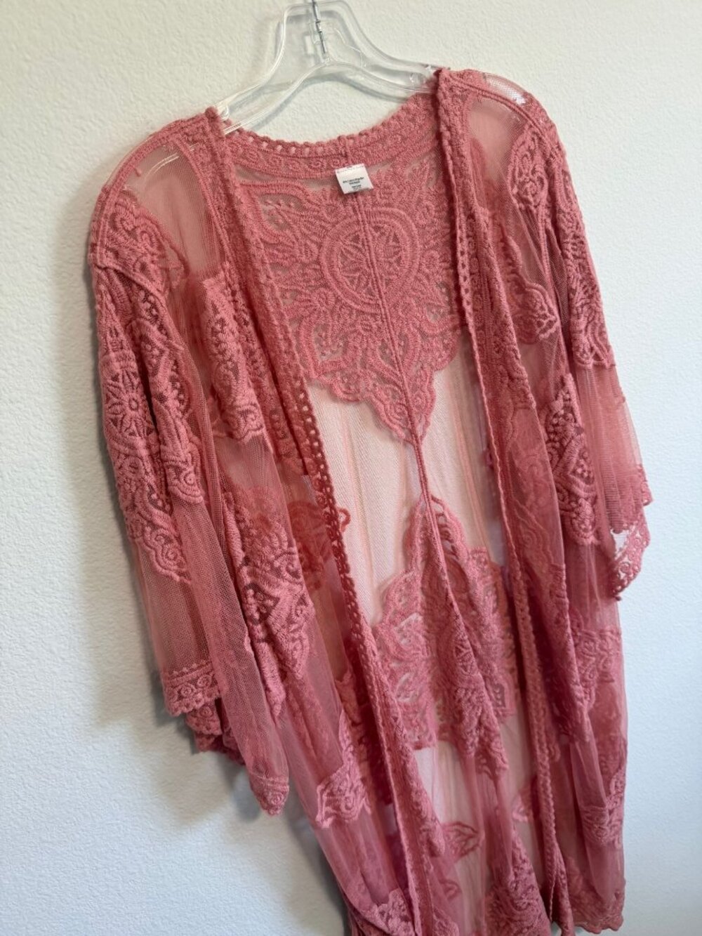 Peach Pink Cotton Blend 3/4 Sleeve Sheer Lace Open Front Duster Cover Up Size L? - Picture 4 of 7